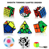 Coolzon 9 Pack Magic Cube Set 2x2 3x3 4x4 Pyramid Pyraminx Megaminx Skew Mirror Magic Ball Cube Keychain, Smooth Sticker 3D Magic Puzzle Cube Bundle for Kids & Adults